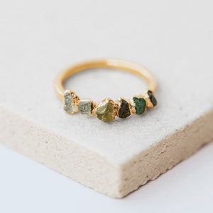 ombre ring, green stacking ring, unique gemstone ring, raw peridot jewelry, multi-stone gold band, raw emerald ring, green tourmaline ring image 3