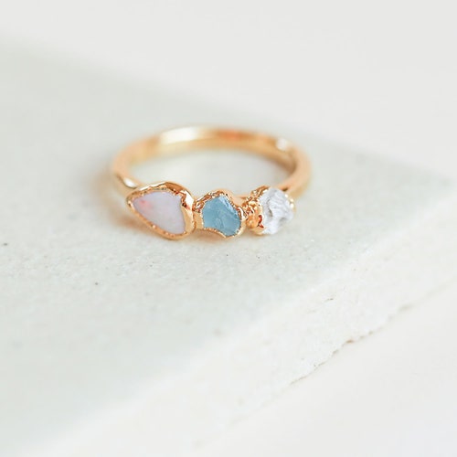opal stacking ring / raw aquamarine ring / rough quartz ring / crystal ring / opal jewelry / gold opal ring / alternative wedding ring