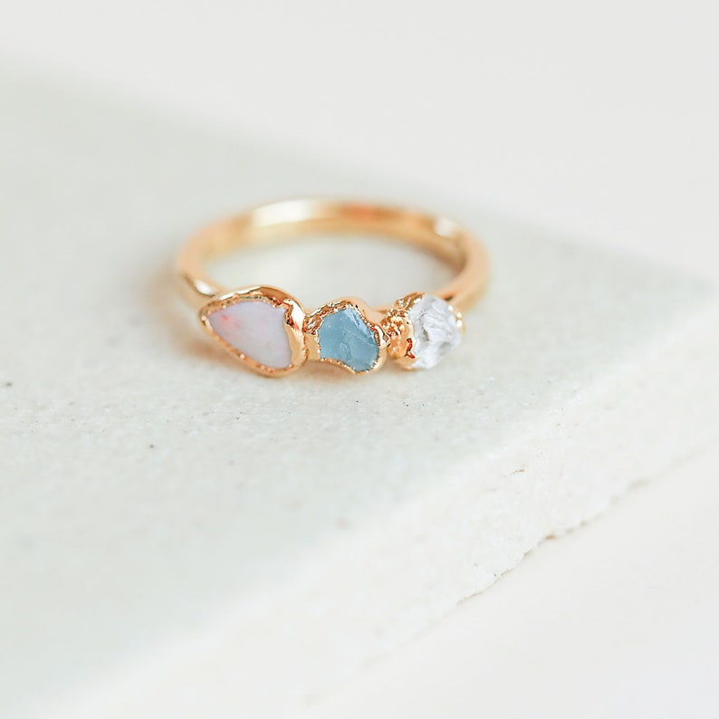 opal stacking ring, raw aquamarine ring, rough quartz ring, raw crystal ring, opal jewelry, gold opal ring, raw gemstone ring image 2