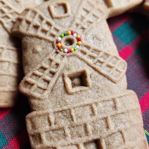 May include: A gingerbread cookie shaped like a windmill with colourful sprinkles on top. The cookie is on a red and green tartan tablecloth.