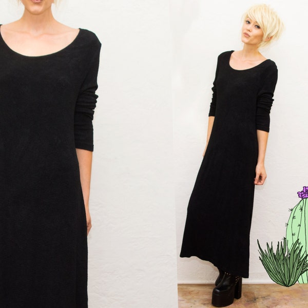 Vtg Black Minimalist Long Sleeve Maxi Dress • Textured • Long Bag Dress • Oversized • Goth Grunge •