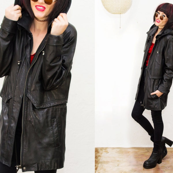 90s Black Soft Leather Oversized Hooded Slouch Jacket / Parka / coat / grungy 1990s /   Outerwear /