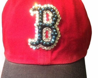 Twins Enterprise MLB Boston Red Sox Baseball Cap Hat with Swarovski Rhinestone Crystal Navy Red