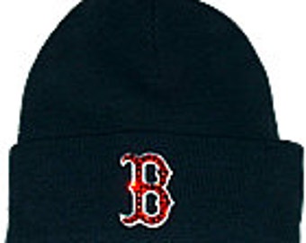 MLB Boston Red Sox Winter Knit Cap Hat Swarovski Crystal Rhinestone in Navy Blue