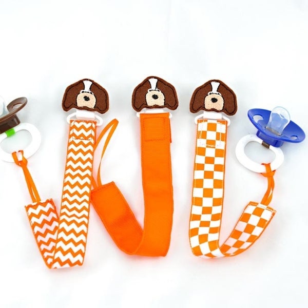 Checkered Orange and White Tennessee Baby Inspired Hounddog Pacifier  Clip & Leash ~ with felt embellishment