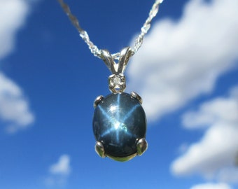 SAPPHIRE - Genuine Blue Star Six-Ray Sapphire .925 Sterling Silver Necklace with White Sapphire Accent