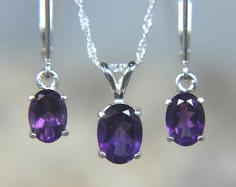 Amethyst Necklace and Earrings 925 Sterling Silver Set February Birthstone