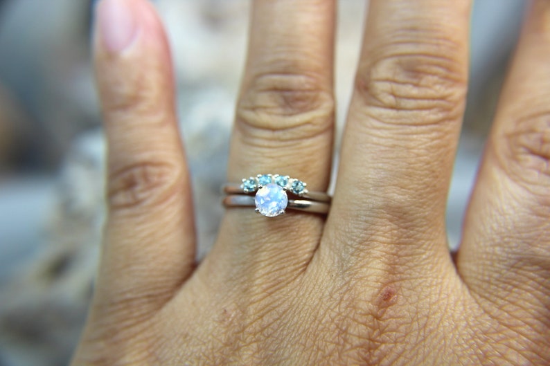 .925 Sterling Silver! MOONSTONE Faceted Rainbow Moonstone Engagement and Swiss Blue Topaz Wedding Ring Set