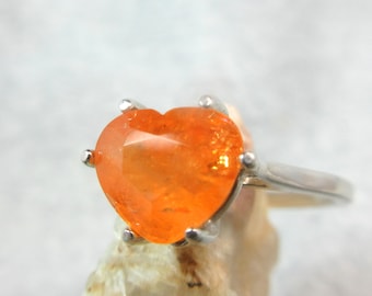 Spessartite Garnet Ring Genuine Orange Large Heart-Shaped Sterling Silver Size 7.0