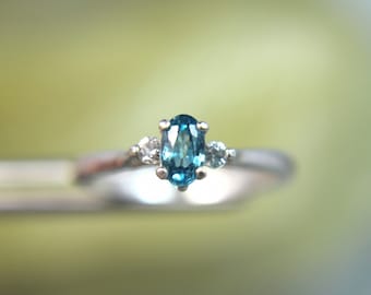 ZIRCON - Genuine Brilliant Blue Zircon with White Zircon Accents .925 Sterling Silver Birthstone or Pinky Ring