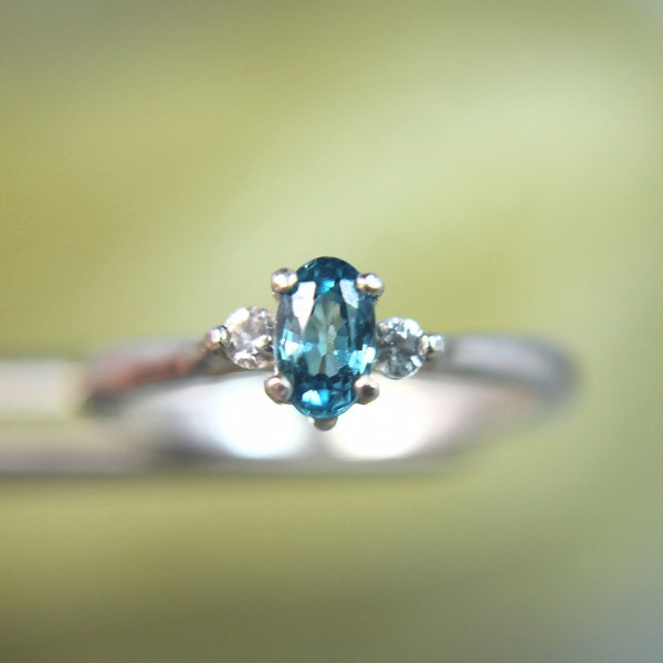 ZIRCON - Genuine Brilliant Blue Zircon with White Zircon Accents .925 Sterling Silver Birthstone or Pinky Ring