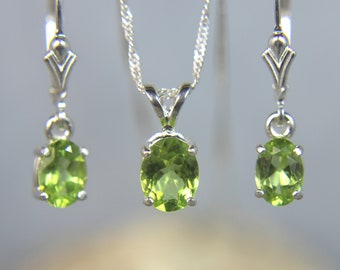 PERIDOT - Genuine Lime Green Peridot Necklace and Earrings Set .925 Sterling Silver August Birthstone