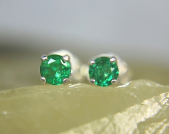 EMERALD - Genuine Bright Green Emerald .925 Sterling Silver Stud Earrings May Birthstone