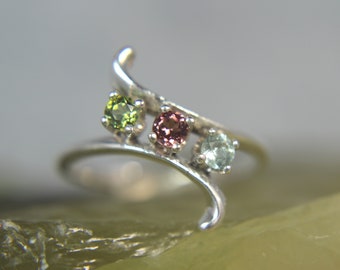 Pink, Green, Blue Tourmaline Sterling Silver Ring Three-Stone October Birthstone