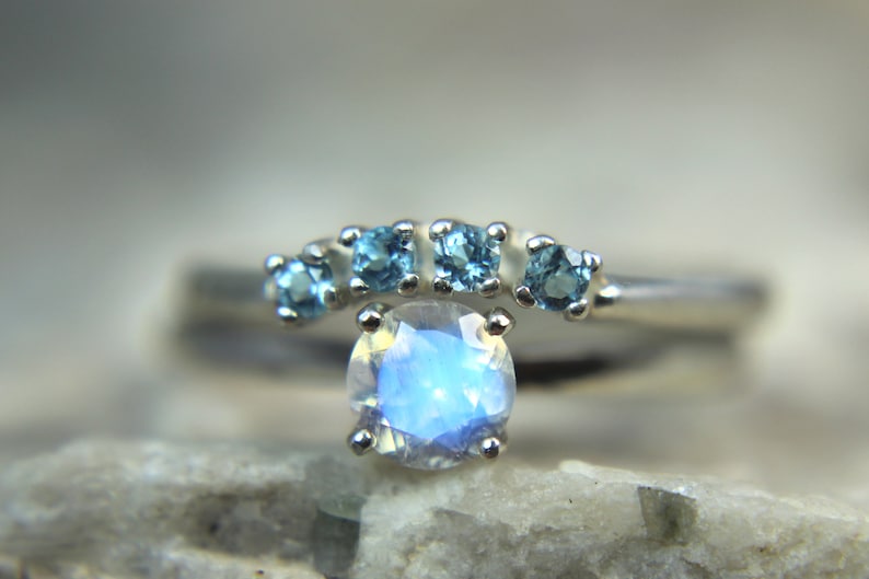 .925 Sterling Silver! MOONSTONE Faceted Rainbow Moonstone Engagement and Swiss Blue Topaz Wedding Ring Set
