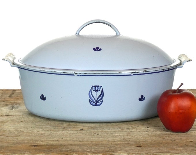 HUGE DRU Holland 35 Blue Tulip Cast Iron Enamel Dutch Oven Vintage Cast Iron Enameled Cookware