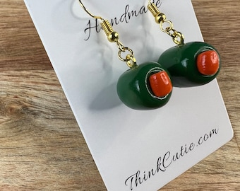 Handmade Polymer Clay Green Olive and Pimento Earrings