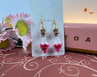 Handmade Polymer Clay Red and Pink Heart Dangle Earrings in Teardrop Bottles (Valentine’s Day)