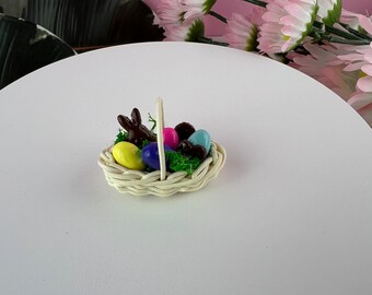 Miniature Easter Basket with Polymer Clay Eggs, Chocolate Bunny, and Chocolate Easter Egg