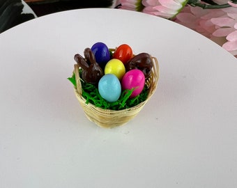 Miniature Easter Basket with Polymer Clay Eggs, Chocolate Bunny, and Chocolate Easter Egg