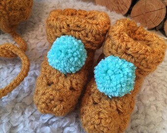 Mustard & Turquoise Crochet Baby Pixie Boots/Slippers with Pompoms