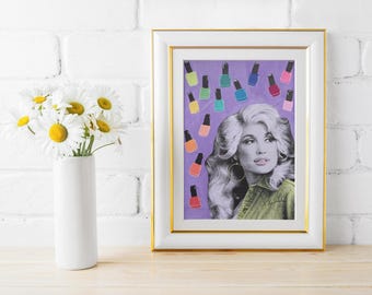 May include: A framed art print featuring a black and white portrait of a blonde person with voluminous hair wearing a collared shirt, set against a purple background decorated with various colourful nail polish bottles in shades of pink, blue, and green.