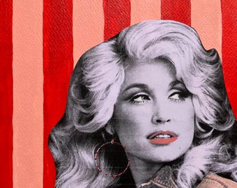 May include: A monochrome portrait of a woman with blonde hair and red lipstick, wearing a denim jacket and hoop earrings with red details. The background has vertical red and pink stripes.