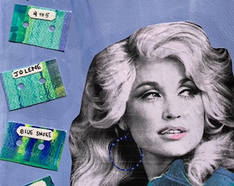 May include: A mixed media collage on a light blue background featuring a black and white portrait of a person with voluminous hair wearing a blue jacket and a hoop earring. Seven green and blue painted cassette tape cutouts include text labels.