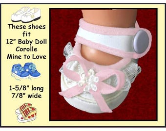 fits 12 inch Baby Dolls Corolle Calin & Tido and Mine to Love, vintage white and pink soft side snap baby doll shoes