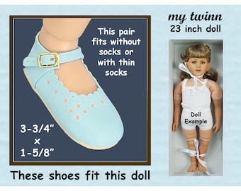 Shoes for 23" My Twinn dolls, Vintage sky blue matte leatherette mary jane doll shoes, large standing doll shoes, blue doll shoes