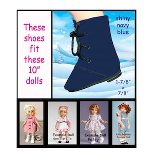 May include: A shiny navy blue doll boot with black laces. Text reads: These shoes fit these 10" dolls, shiny navy blue, 1-7/8" x 7/8". Four example dolls are shown: Linda McCall, Ann Estelle, Patsy, and a Kish Bethany doll.