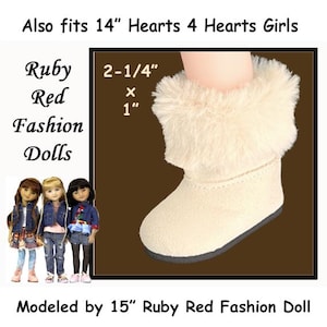 May include: A cream-colored doll boot with a faux fur cuff, designed for 14" Hearts 4 Hearts Girls and 15" Ruby Red Fashion Dolls. The boot measures 2-1/4" x 1". The image also shows three dolls in denim jackets and skirts.