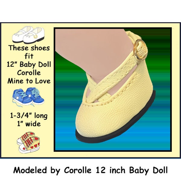 Vintage matte light yellow criss crossed straps with side buckle, Shoes for 12 inch baby doll, Mine to Love 12, Corolle Calin 12 inch