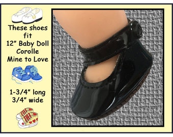 fits 12 inch Baby Dolls Corolle Calin & Tido and Mine to Love, Vintage black mary jane baby doll shoes, Shoes for 12 inch baby doll
