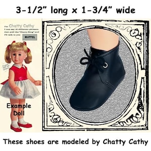fits Chatty Cathy, vintage low black tie boots, Large doll white boots, collectible doll shoes
