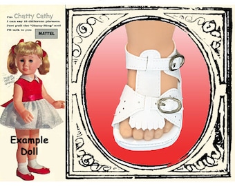 Fits Chatty Cathy doll, vintage white sandals with double buckles, large doll shoes, standing doll shoes