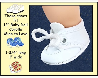fits 12 inch Baby Dolls Corolle Calin & Tido and Mine to Love, Vintage White Vinyl Sneakers with Cotton Laces, baby doll white shoes