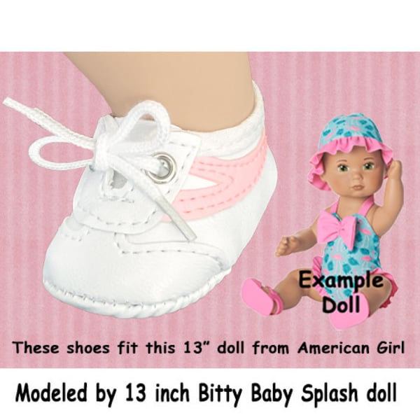 Vintage White Vinyl Tie Sneakers with Pink Stripe, fits American Girl 13 in Baby Doll, white doll sneakers with laces