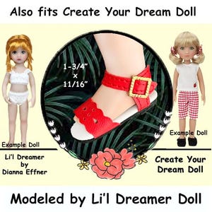 Vintage red ankle strap doll sandals, fits 11" Dianna Effner Lil Dreamer, fits 11" Create Your Dream Doll, red doll sandals