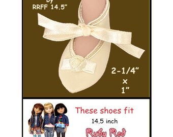May include: A cream-colored doll shoe with a ribbon tie and a decorative knot on the front. The shoe measures 2-1/4 inches by 1 inch and is modeled by RRFF 14.5 inch dolls. The text states these shoes fit 14.5 inch Ruby Red Fashion Friends.