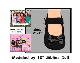 fits 12" Siblies & 13" Mini Maru Dolls, blackpatent leather mary jane style doll shoes with slide buckle, slim foot black doll shoes
