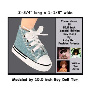 Fits 15.5 inch Ruby Red Fashion Special Edition Boy Dolls, blue denim lace up sneakers with laces, blue denim doll tennis shoes that tie