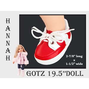 Gotz 19.5&quot; red and white vinyl sneakers shoes, Hannah Gotz tennis shoes, Happy Kidz sneaker doll shoes, Gotz standing doll shoes