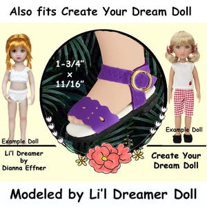 Vintage purple ankle strap doll sandals, fits 11" Dianna Effner Lil Dreamer, fits 11" Create Your Dream Doll, purple doll sandals