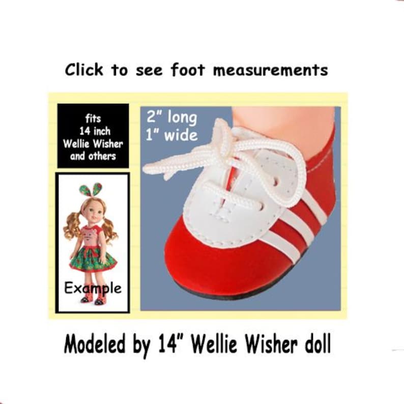 Puede incluir: Zapato de mu&ntilde;eca rojo y blanco con cordones blancos y tres rayas blancas. El zapato mide 5,08 cm de largo y 2,54 cm de ancho. El texto dice "fits 14 inch Wellie Wisher and others". La imagen tambi&eacute;n muestra una mu&ntilde;eca que lleva el zapato.