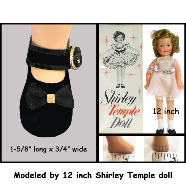 Vintage Black Vinyl Mary Jane Doll Shoes, fits 12 inch Vinyl Shirley Temple Doll, doll foot measurements, tiny black vinyl doll shoes