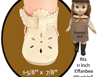 Se adapta a la muñeca Efffanbee Punkin de 11 pulgadas de la década de 1960, zapatos de muñeca estilo correa en T de cuero sintético beige vintage con cierre de botón lateral, zapatos de muñeca coleccionables