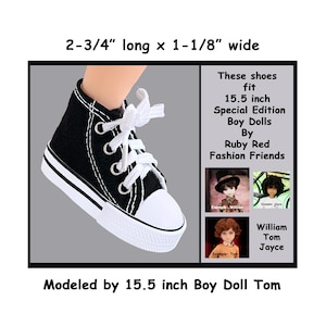 Fits 15.5 inch Ruby Red Fashion Special Edition Boy Dolls, black lace up canvas sneakers with laces, black canvas doll tennis shoes that tie
