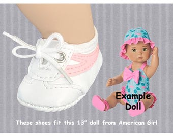 fits Bitty Baby Splash by American Girl, Vintage White Vinyl Tie Sneakers with Pink Stripe, white doll sneakers with laces