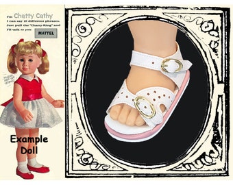 Fits Chatty Cathy doll, vintage white sandals with double buckles, large doll shoes, standing doll shoes